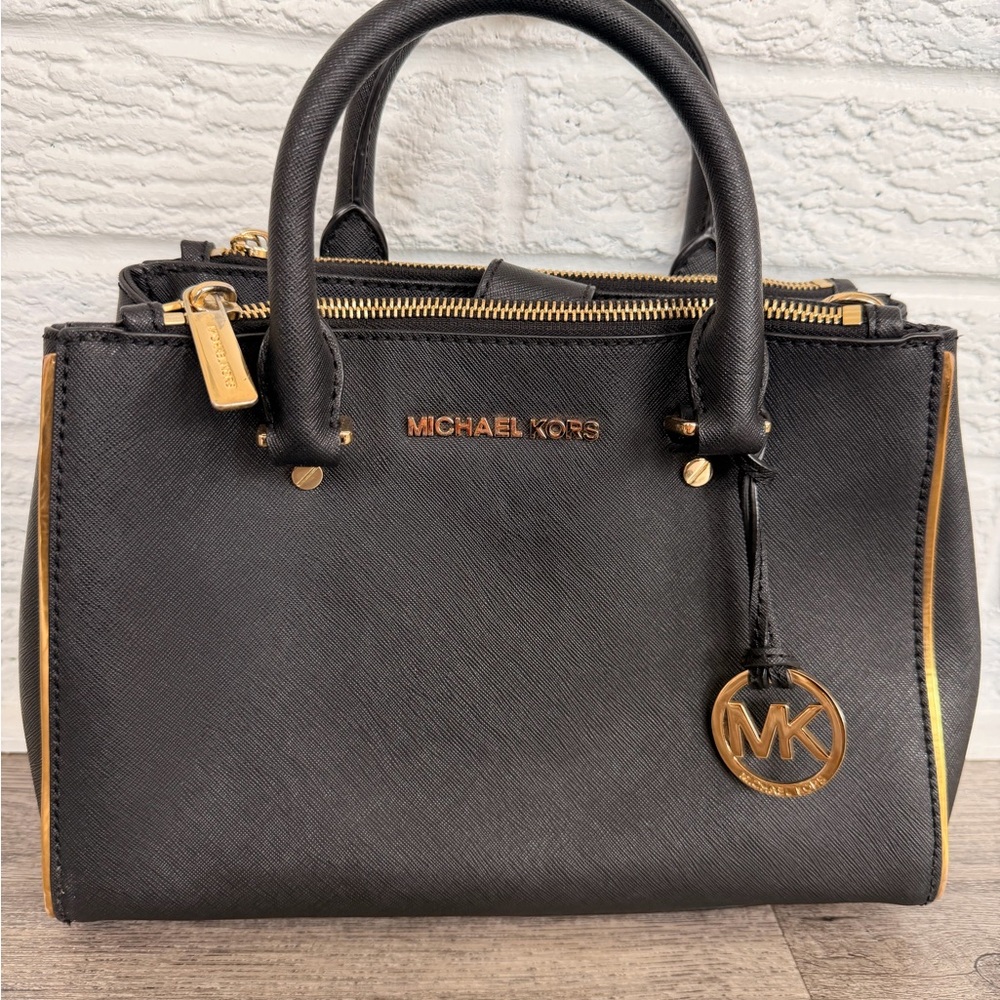 Michael Kors Black Leather Satchel with Gold Accents